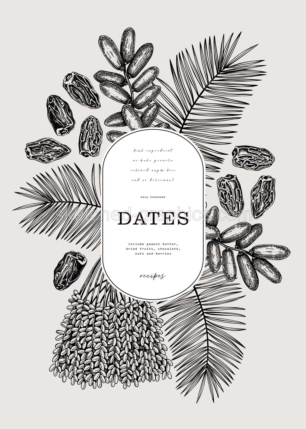 Date fruits frame design. Hand drawn vector illustration. Dates, palm leaves, dried fruits, sketches. Exotic fruit design template. Realistic oriental sweets background Illustration